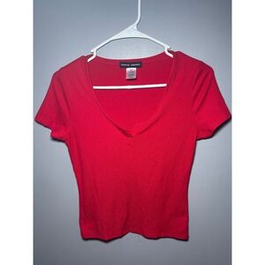 Perfectly Imperfect Red Ribbed Notched V-Neck Short Sleeve Top S211 Medium